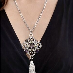 Silver Tassel Statement Necklace ✨ Vintage Style Filigree Crystal Pendant